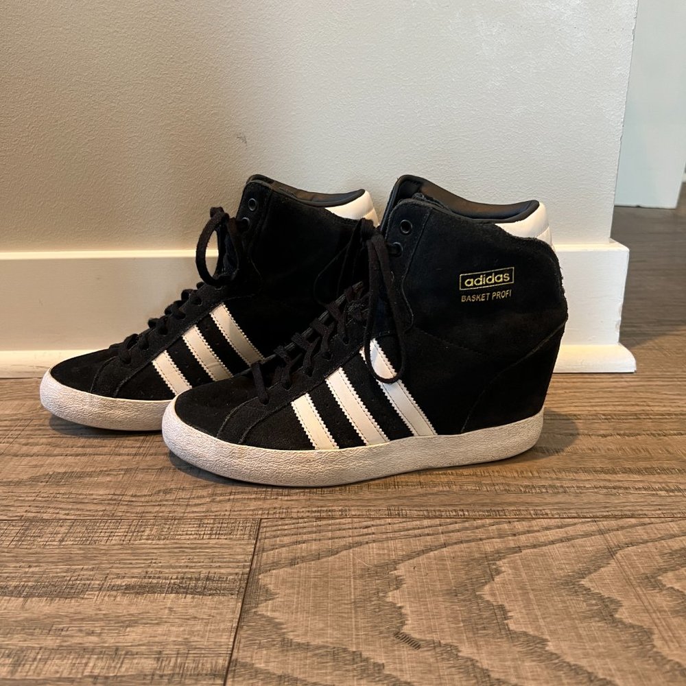 ADIDAS HIGH WEDGE SNEAKERS Black/White Suede Women's 8.5